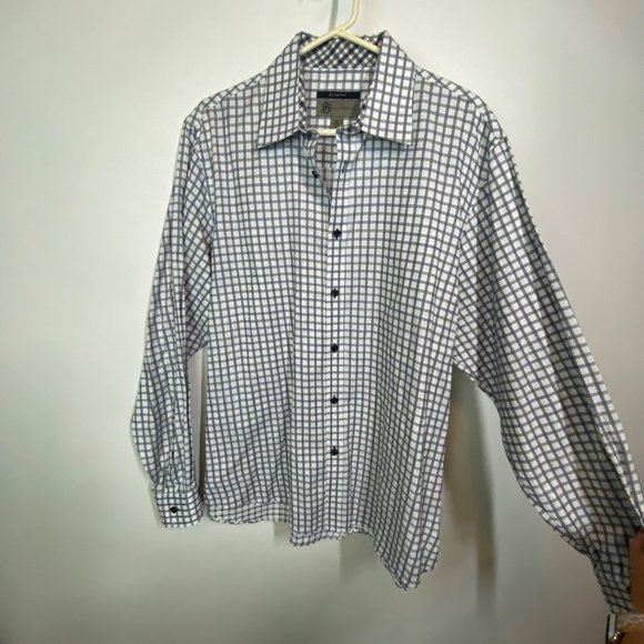 JHane Barnes JHB Men's button up cotton gray blue white shirt plaid slim fit L - Picture 9 of 13